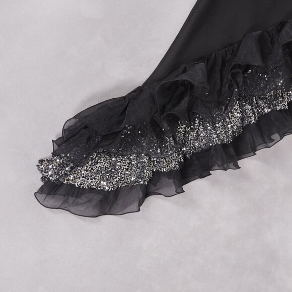 Black Halter Ruffle Sequin Gown - Asymmetrical Maxi Dress! - Picture 12 of 16